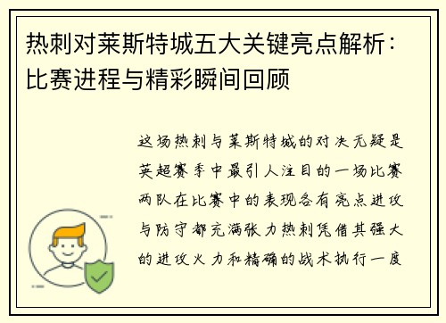 热刺对莱斯特城五大关键亮点解析：比赛进程与精彩瞬间回顾