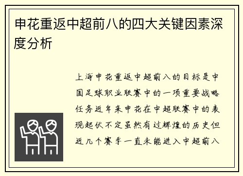 申花重返中超前八的四大关键因素深度分析