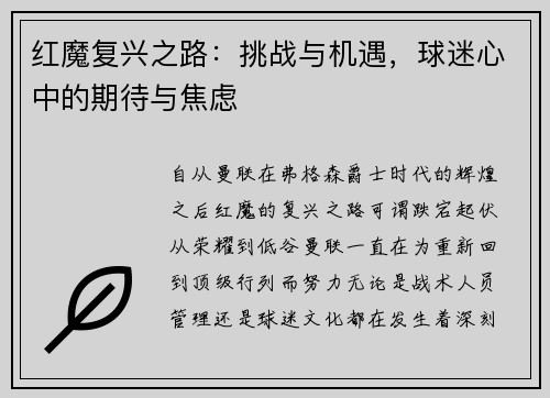 红魔复兴之路：挑战与机遇，球迷心中的期待与焦虑