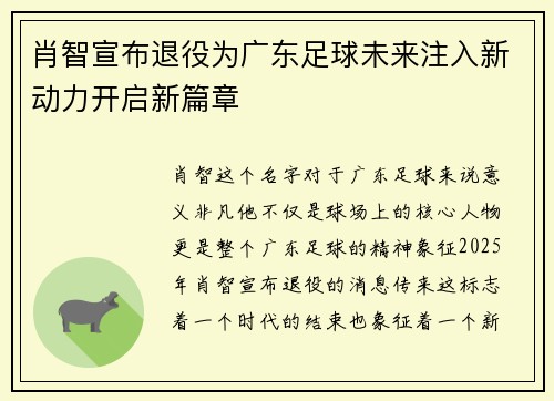 肖智宣布退役为广东足球未来注入新动力开启新篇章
