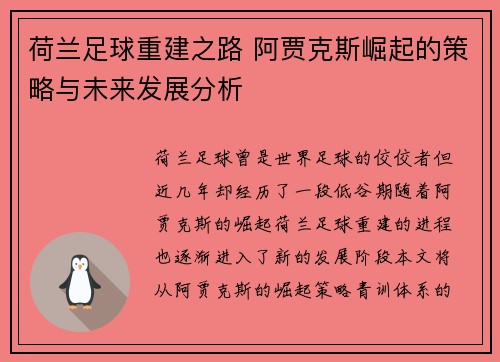 荷兰足球重建之路 阿贾克斯崛起的策略与未来发展分析