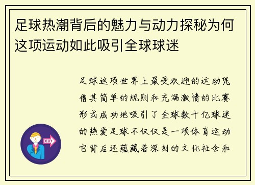 足球热潮背后的魅力与动力探秘为何这项运动如此吸引全球球迷